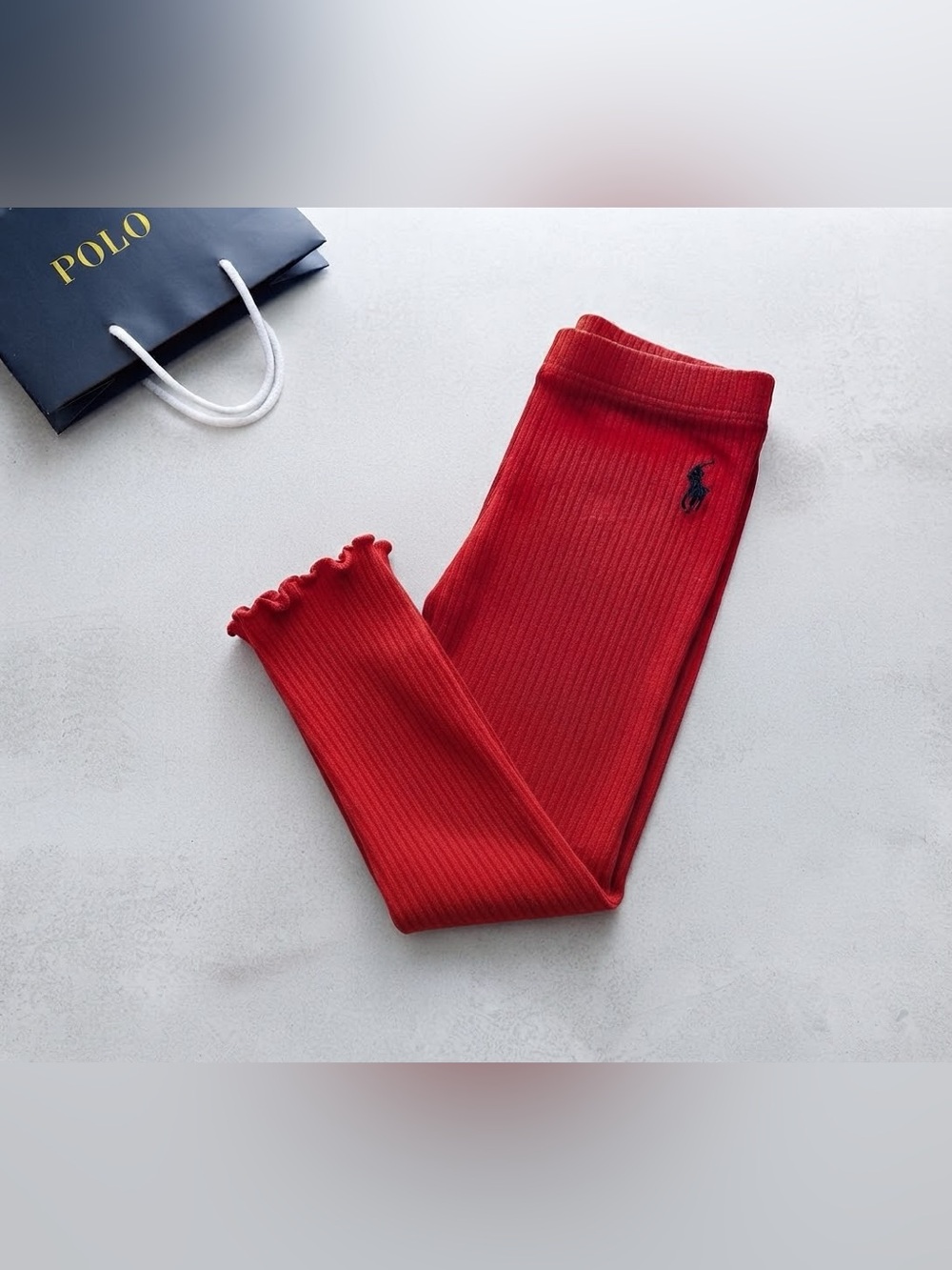 Ralph Lauren Kids Red Ribbed Leggings with Polo Pony